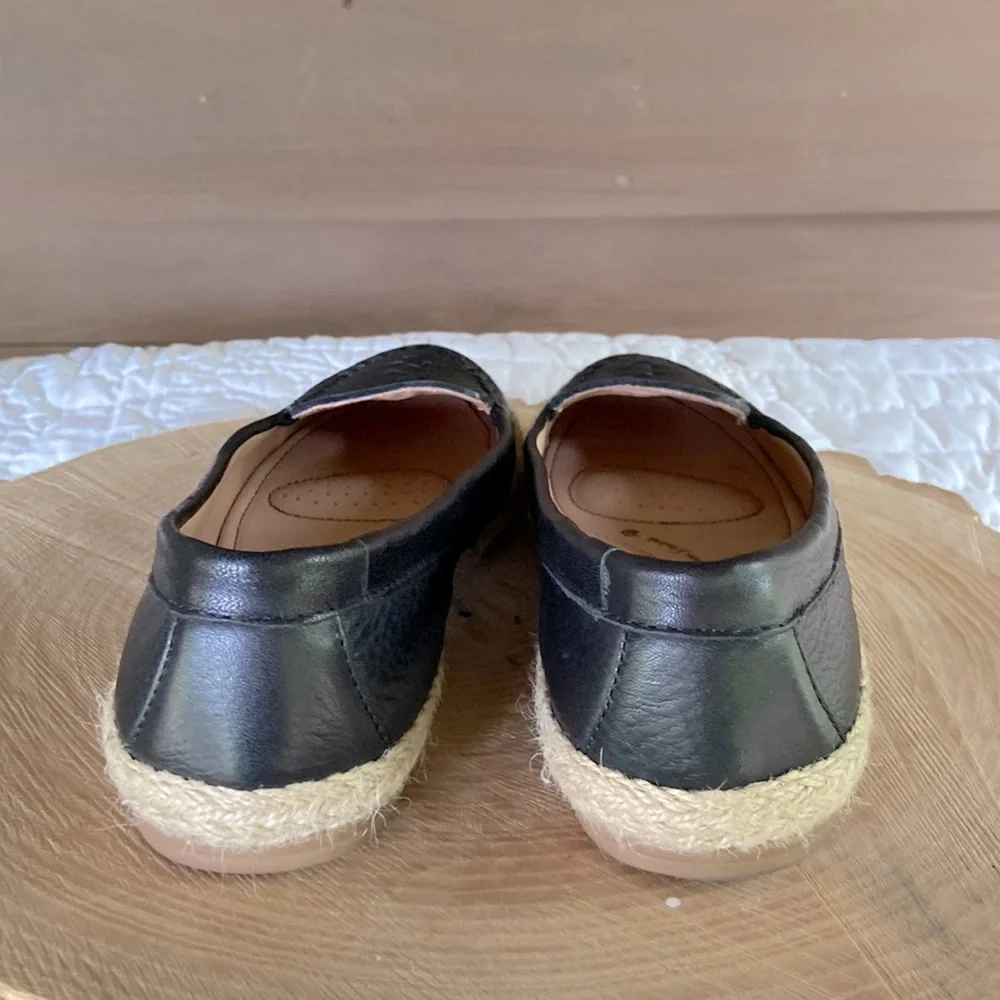 Leather Womens Black Flat Loafers with Jute Trim - Size 6.5